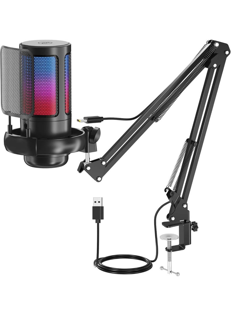 ميكروفون مكثف USB بتقنية RGB مخصص للألعاب الإلكترونية وتسجيل المكالمات، مزود بحامل معدني قابل للتمديد، وميكروفون مكتبي للتسجيل في الاستوديو - Image 1