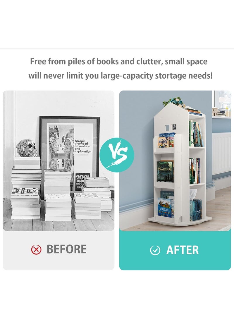 WALALLA 4-Tie Rotating Bookshelf, 360 Degree Children's Bookcase Storage, House Shaped Bookcase, Floor Standing Book Storage, Multipurpose Storage Rack, Home Display Shelve - Image 2