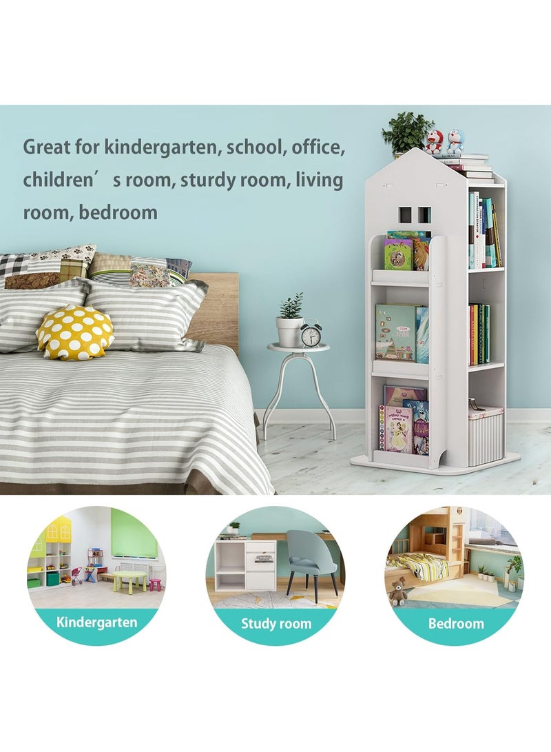 WALALLA 4-Tie Rotating Bookshelf, 360 Degree Children's Bookcase Storage, House Shaped Bookcase, Floor Standing Book Storage, Multipurpose Storage Rack, Home Display Shelve - Image 3