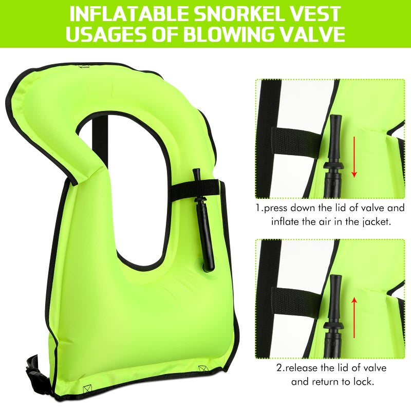 Jerify 4 Pcs Inflatable Snorkel Vest Adults, Portable Swim Vest Jackets, Adjustable Kayaking Jackets Safety Vests for Snorkeling Swimming Diving Surfing (Fluorescent Green) - Image 3