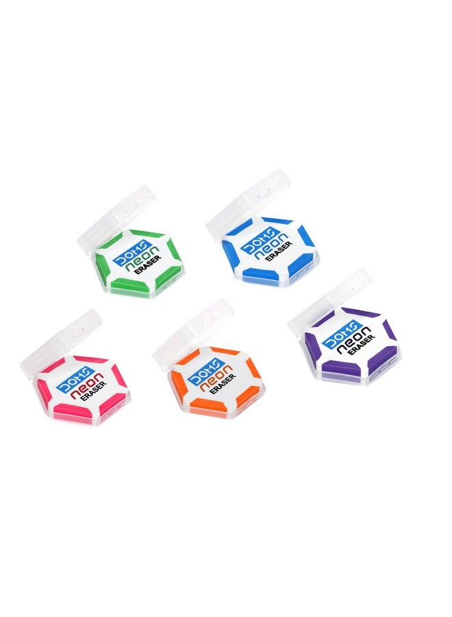 Doms Neon Eraser Box Pack | Hexagonal Eye Catching Design | Neat & Dust Free Erasing | Playful Body Colors | Plastic Case For Each Eraser | Pack of 30 Erasers - Image 1