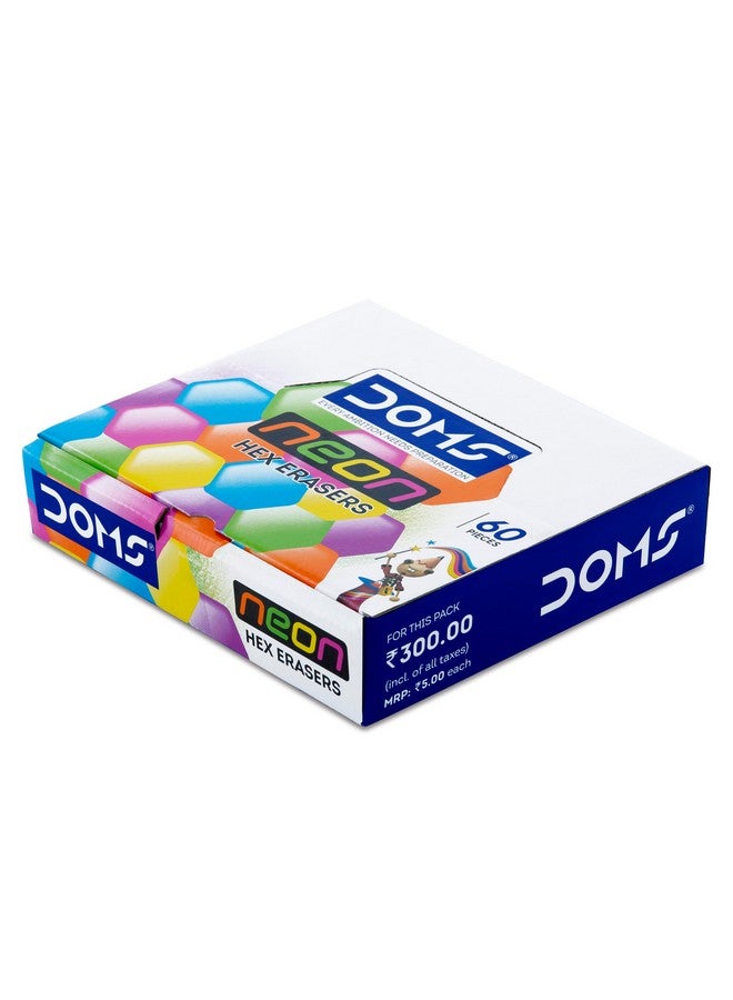 Doms Neon Eraser Box Pack | Hexagonal Eye Catching Design | Neat & Dust Free Erasing | Playful Body Colors | Plastic Case For Each Eraser | Pack of 30 Erasers - Image 3