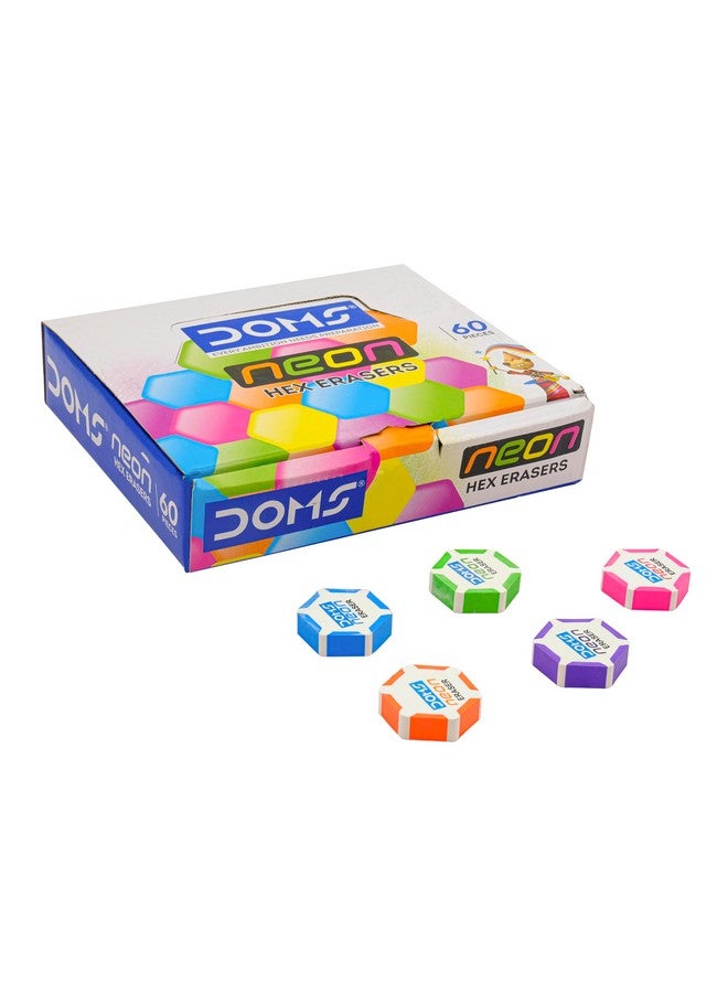 Doms Neon Eraser Box Pack | Hexagonal Eye Catching Design | Neat & Dust Free Erasing | Playful Body Colors | Plastic Case For Each Eraser | Pack of 30 Erasers - Image 5