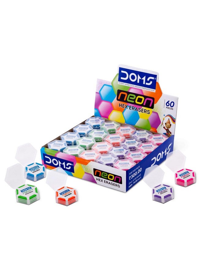 Doms Neon Eraser Box Pack | Hexagonal Eye Catching Design | Neat & Dust Free Erasing | Playful Body Colors | Plastic Case For Each Eraser | Pack of 30 Erasers - Image 2