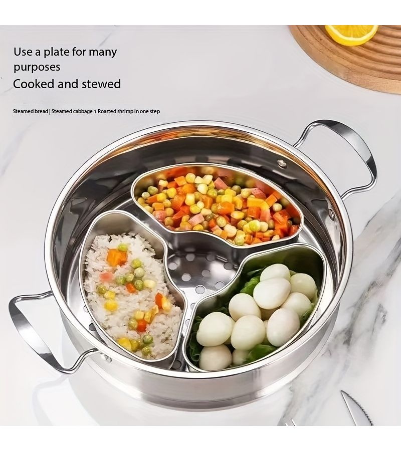وعاء بخار من الفولاذ المقاوم للصدأ مكون من 3 قطع، مناسب لطهي الأرز والبيض والخضروات - Image 1