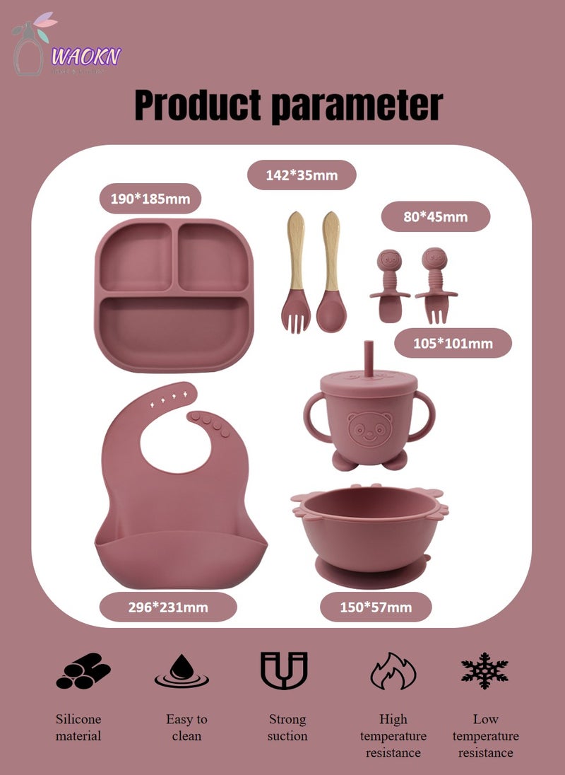 WAOKN 8Pcs Baby Silicone Tableware Set Special For Infants To Eat Their Own Training Tableware Set Including Complementary Food Bowl Sippy Cup Dinner Plate Bib Fork And Spoon(Brick red) - Image 2