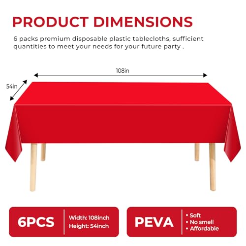 JHDZDHY 6 Pack Premium Disposable Plastic Tablecloth 54" x 108" Party Table Cloths Disposable for 6 to 8 Foot Tables Indoor or Outdoor Parties Birthdays Weddings Christmas Anniversary Buffet Table (Red) - Image 2