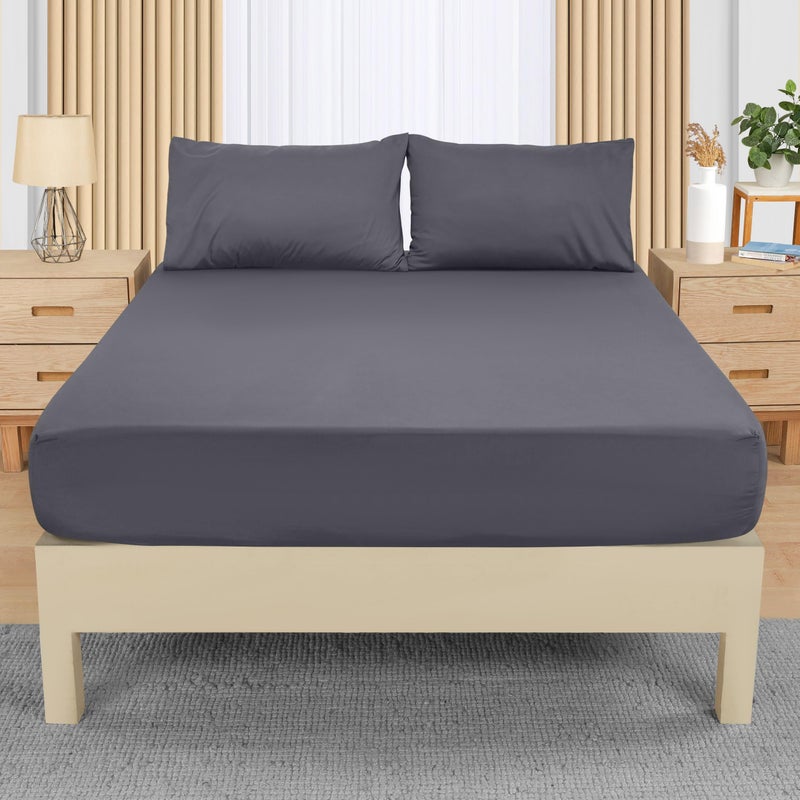 Utopia Bedding Double Fitted Sheet with 2 Pillow Cases 50x75cm Grey  Deep Pocket 35 cm  Bed Sheets Set  Soft Brushed Microfibre