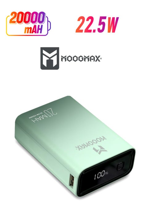 Marvel power bank 20000mAh with 22.5W, and an elegant design, small Mini size and weight, two ports (Type-C) & (USB-A), portable power bank fast charging, and a digital display screen. Gradient Green color