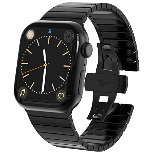 WINGLE Compatible for Apple Watch Band Series 11 10 42mmm 41mm 40mm 38mm SE 3/2/1 Series 9 8 7 6 5 4 3 2 1 Men Women, Stainless Steel Classy Casual Business Metal iWatch Bands Link Bracelet, Black - Image 1