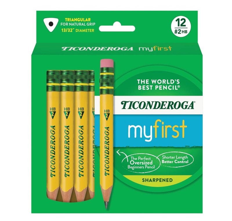 Ticonderoga My First Short Triangular Wood-Cased Pencils, #2 HB Soft, With Erasers, Yellow, 12 Count - Image 1
