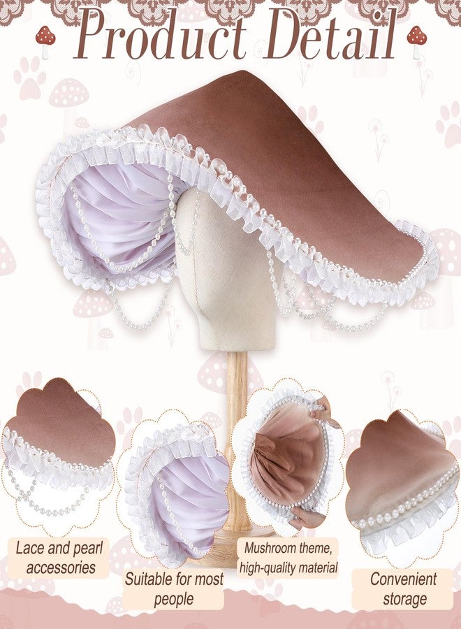 Croloose Mushroom Hat Renaissance Medieval Costume Cosplay Halloween Victorian Fairy Accessories with Bead Lace Brim Cap(Brown) - Image 3