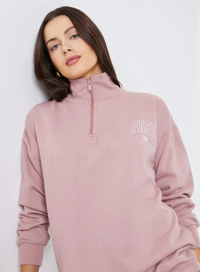 Styli Pink Paris Print Longline Sweatshirt