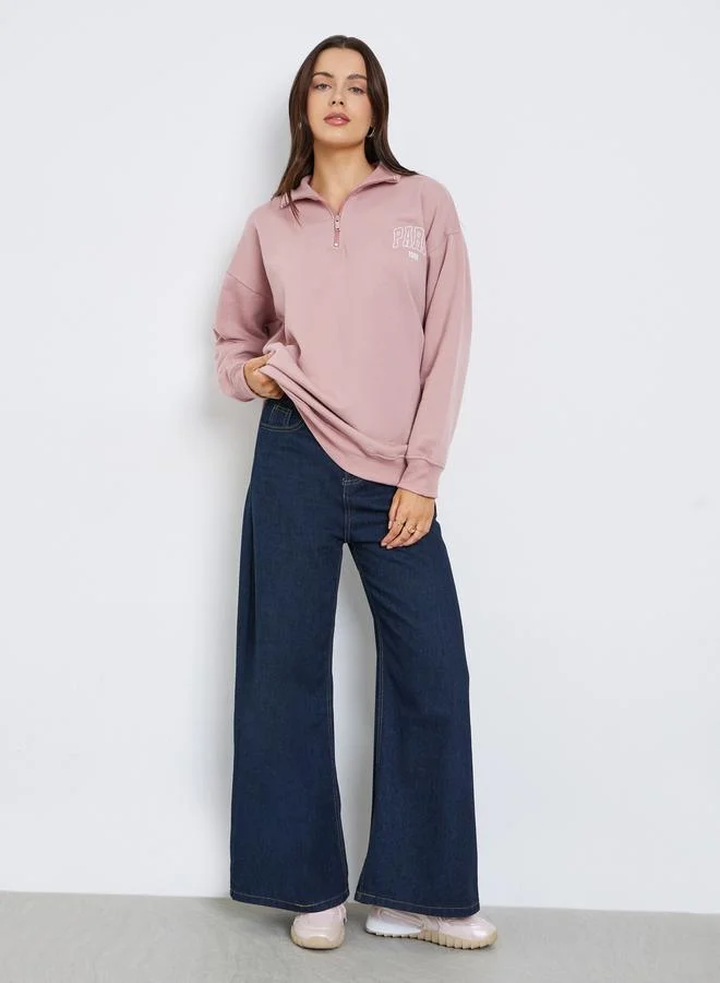 Styli Pink Paris Print Longline Sweatshirt