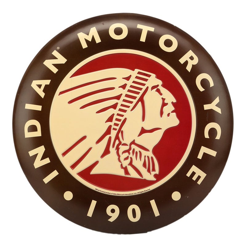 Open Road Brands Indian Motorcycle Round Embossed Metal Button Sign - Vintage Indian Motorcycle Wall Art for Garage or Man Cave - Image 1