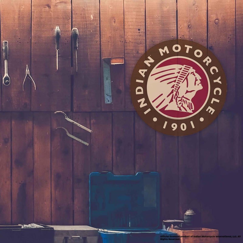 Open Road Brands Indian Motorcycle Round Embossed Metal Button Sign - Vintage Indian Motorcycle Wall Art for Garage or Man Cave - Image 4