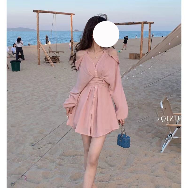 Off-Shoulder Gromwell Pink Chic Dress Spring peach lotus root powder two-piece set 