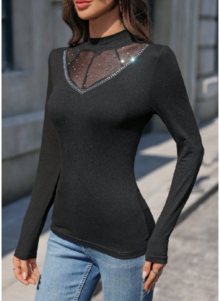 Shein SHEIN i Casual Rhinestone Mesh Patchwork Elegant T-Shirt, Spring/Summer  - Image 3