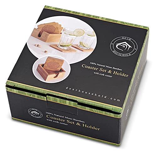 Dear Household Set of 6 Bamboo Coasters with Matching Coaster Holder - Sleek, Smooth Moso Bamboo & Cork Coaster Set Protects Surfaces from Stains & Scratches - 4.13 Inch Coasters Make an Elegant Gift Idea - Image 2