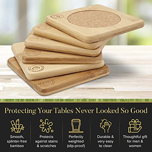 Dear Household Set of 6 Bamboo Coasters with Matching Coaster Holder - Sleek, Smooth Moso Bamboo & Cork Coaster Set Protects Surfaces from Stains & Scratches - 4.13 Inch Coasters Make an Elegant Gift Idea - Image 5