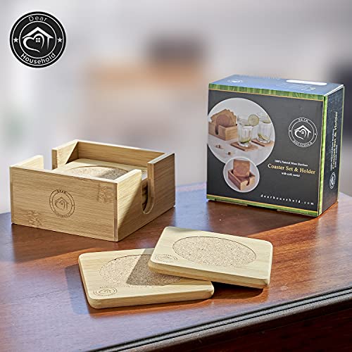 Dear Household Set of 6 Bamboo Coasters with Matching Coaster Holder - Sleek, Smooth Moso Bamboo & Cork Coaster Set Protects Surfaces from Stains & Scratches - 4.13 Inch Coasters Make an Elegant Gift Idea - Image 3