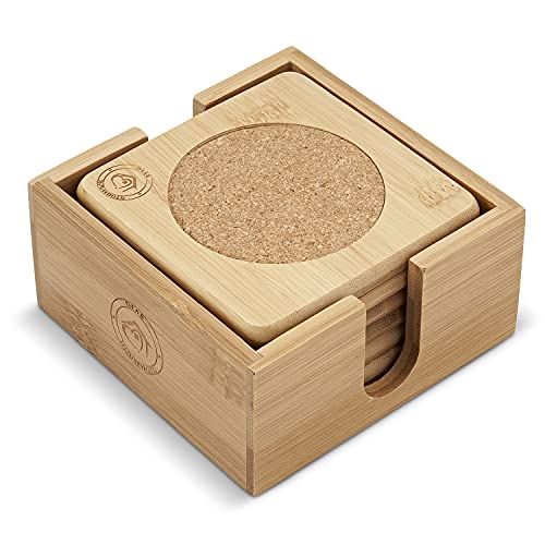 Dear Household Set of 6 Bamboo Coasters with Matching Coaster Holder - Sleek, Smooth Moso Bamboo & Cork Coaster Set Protects Surfaces from Stains & Scratches - 4.13 Inch Coasters Make an Elegant Gift Idea - Image 1