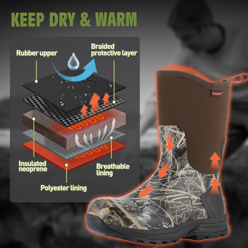 Showave Men's Rain Boots Excursion Rubber Boot Calf High Waterproof Insulated Mud Boots Outdoor Footwear for Trekking Gardening Farming Hunting Fishing, Camo Size 11 - Image 5