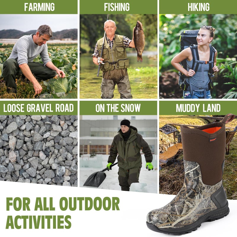 Showave Men's Rain Boots Excursion Rubber Boot Calf High Waterproof Insulated Mud Boots Outdoor Footwear for Trekking Gardening Farming Hunting Fishing, Camo Size 11 - Image 2
