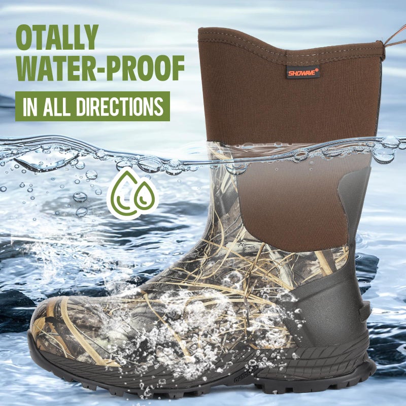 Showave Men's Rain Boots Excursion Rubber Boot Calf High Waterproof Insulated Mud Boots Outdoor Footwear for Trekking Gardening Farming Hunting Fishing, Camo Size 11 - Image 4