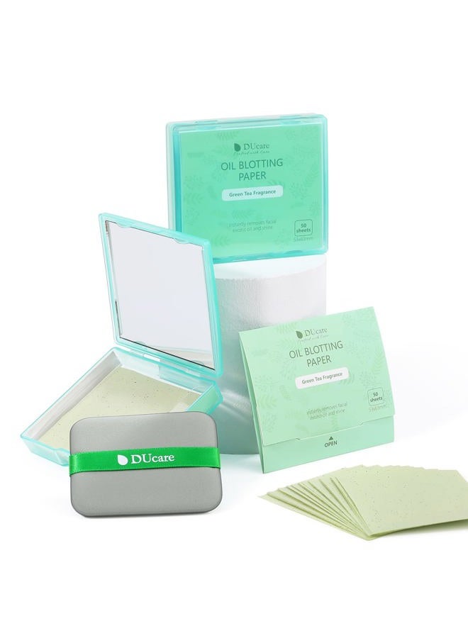 DUcare Oil Blotting Sheets for Face, DUcare 100 Counts Green Tea Blotting Paper For Oily Skin with Portable Mirror Case & Makeup Puff, Oil Absorbing Sheets For Face - Image 1