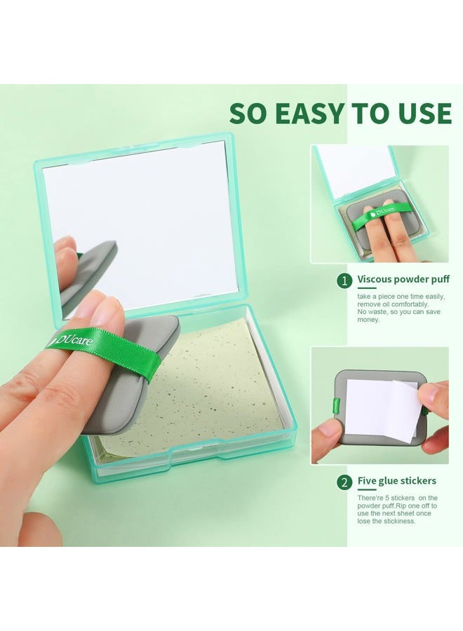DUcare Oil Blotting Sheets for Face, DUcare 100 Counts Green Tea Blotting Paper For Oily Skin with Portable Mirror Case & Makeup Puff, Oil Absorbing Sheets For Face - Image 2