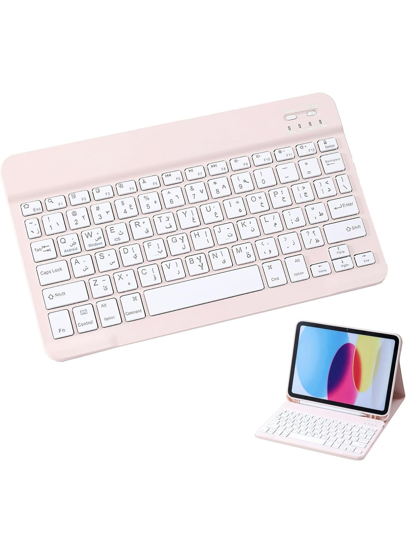 Rock Pow Arabic English Ultra-slim Bluetooth Keyboard for iPad 10inches Rechargeable Wireless Keyboard Compatible with iPad 11th/10th/iPad Air/iPad Pro/9th/8th Gen iPad Pro/Air/Mini/iPhone17/16/15/14/13/12/11 also for Samsung Galaxy/xiaomi/Huawei/Honor/Lenovo Android System Tablets and Mobile Phones, 10inches