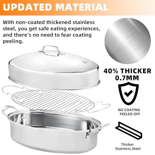 QPMR 22" Stainless Steel Roasting Pan with Lid and Rack,25LB Capacity,Large Roaster Pan for Oven,Nonstick Roasting Pan for Turkey,Chicken,Gifts for Mom,Wife - Image 3