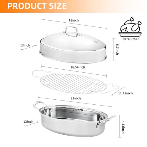 QPMR 22" Stainless Steel Roasting Pan with Lid and Rack,25LB Capacity,Large Roaster Pan for Oven,Nonstick Roasting Pan for Turkey,Chicken,Gifts for Mom,Wife - Image 2