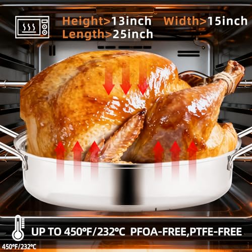 QPMR 22" Stainless Steel Roasting Pan with Lid and Rack,25LB Capacity,Large Roaster Pan for Oven,Nonstick Roasting Pan for Turkey,Chicken,Gifts for Mom,Wife - Image 4