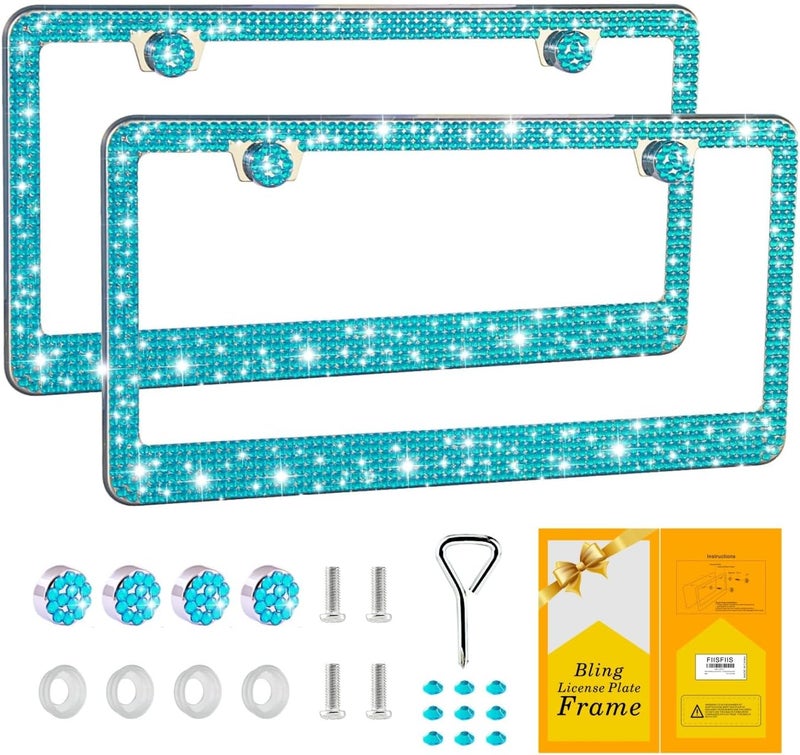 FIISFIIS Bling License Plate Frame for Women - 2 Pack Premium Stainless Steel Rhinestone Car License Plate Holder - Handmade Glitter Crystal Diamond Cover - Aquamarine