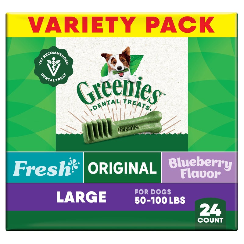 Greenies Veterinarian-Recommended Adult Natural Dental Dog Treats Large Size, Fresh Flavor, Original Flavor, and Blueberry Flavor, (3) 12 oz. Packs, 24 Count - Image 1