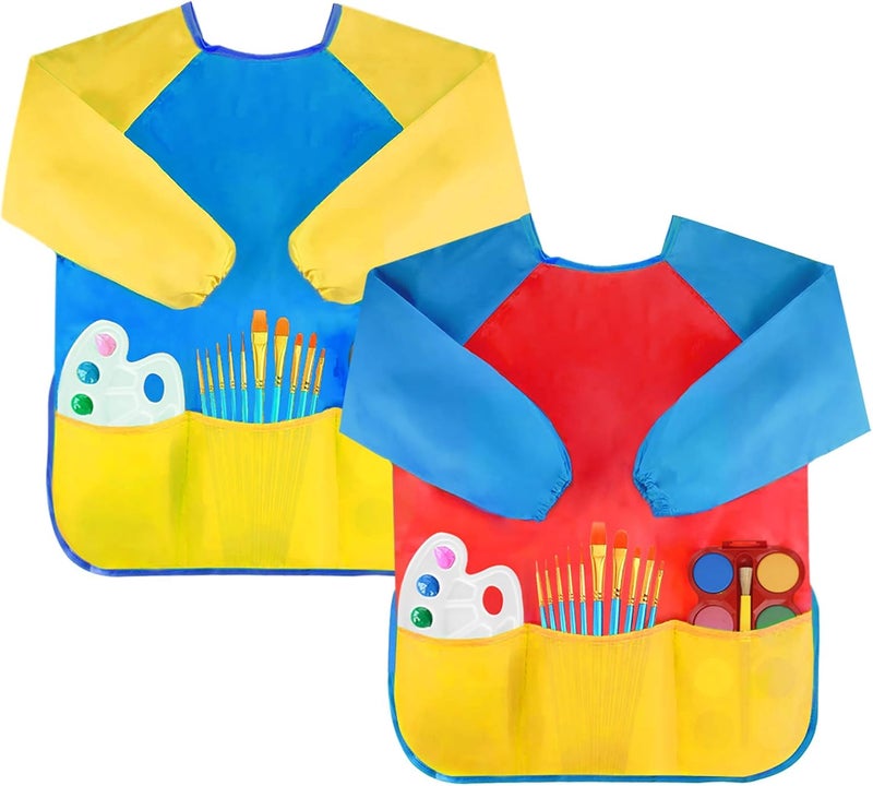 Bassion 2 Pack Kids Art Smock, Toddlers Painting Aprons Colorful Waterproof Artist Smock with Long Sleeve 3 Roomy Pockets - Image 1