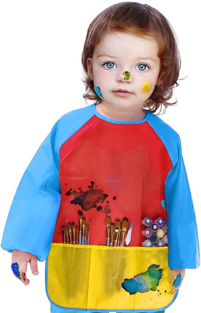 Bassion 2 Pack Kids Art Smock, Toddlers Painting Aprons Colorful Waterproof Artist Smock with Long Sleeve 3 Roomy Pockets - Image 5