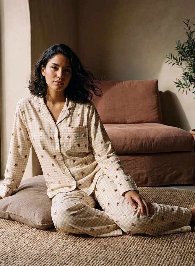 Intimates Viscose Teddy Bear Print Button-Down Shirt and Pyjama Set