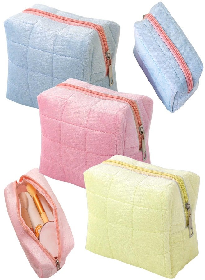 KuuGuu 3 PCS Checkered Cosmetic Bag Plush Makeup Bag Large Capacity Zipper Quilted Pouch Cute Soft Makeup Brushes Storage Pouches Portable Multi Functional Travel Toiletry Bags for Women Girls - Image 1
