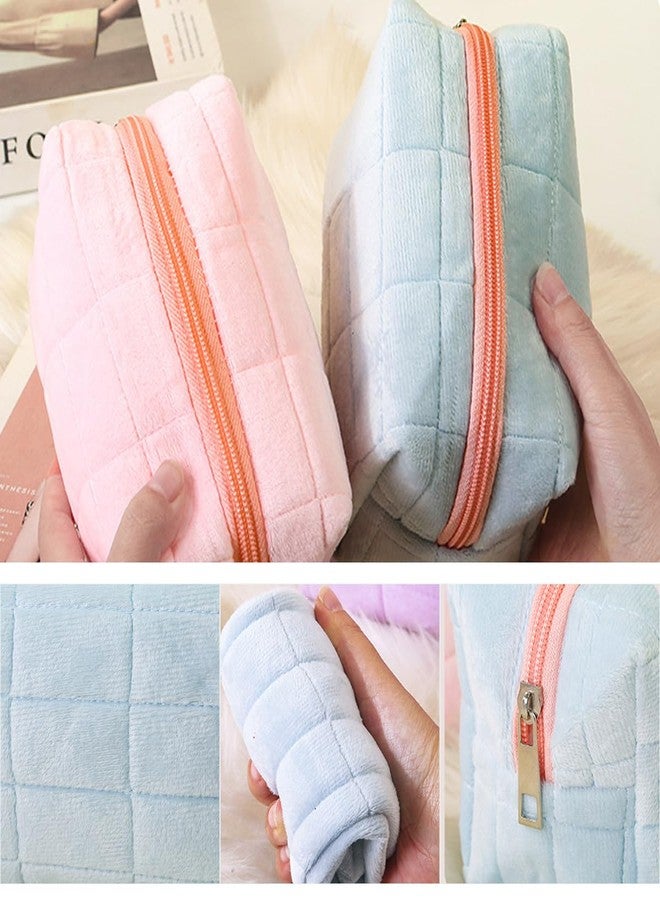KuuGuu 3 PCS Checkered Cosmetic Bag Plush Makeup Bag Large Capacity Zipper Quilted Pouch Cute Soft Makeup Brushes Storage Pouches Portable Multi Functional Travel Toiletry Bags for Women Girls - Image 3