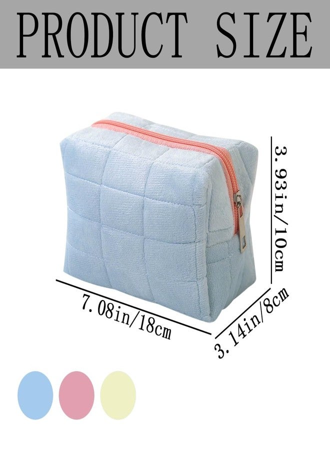 KuuGuu 3 PCS Checkered Cosmetic Bag Plush Makeup Bag Large Capacity Zipper Quilted Pouch Cute Soft Makeup Brushes Storage Pouches Portable Multi Functional Travel Toiletry Bags for Women Girls - Image 2
