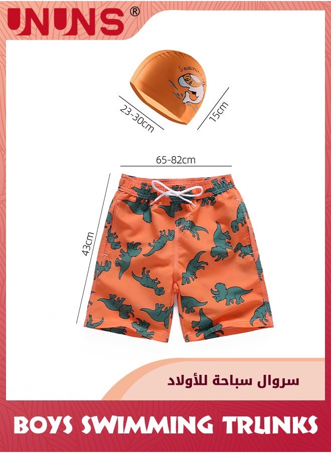 Boys Swim Trunks,Swimming Drawstring Shorts For Kids Boys,Quick Dry Beach Swim Trunks With Anti-Fog Goggles,PU Swimming Cap,Silicone Earplugs And Nose Clip,Convenient Swim Sets,Orange
