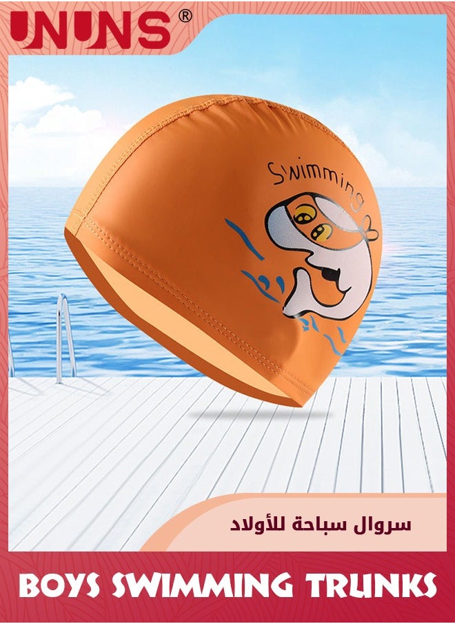 Boys Swim Trunks,Swimming Drawstring Shorts For Kids Boys,Quick Dry Beach Swim Trunks With Anti-Fog Goggles,PU Swimming Cap,Silicone Earplugs And Nose Clip,Convenient Swim Sets,Orange