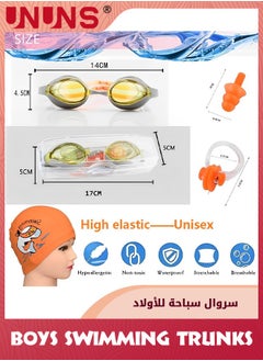 UNUNS Boys Swim Trunks,Swimming Drawstring Shorts For Kids Boys,Quick Dry Beach Swim Trunks With Anti-Fog Goggles,PU Swimming Cap,Silicone Earplugs And Nose Clip,Convenient Swim Sets,Orange  - Image 4