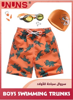 UNUNS Boys Swim Trunks,Swimming Drawstring Shorts For Kids Boys,Quick Dry Beach Swim Trunks With Anti-Fog Goggles,PU Swimming Cap,Silicone Earplugs And Nose Clip,Convenient Swim Sets,Orange  - Image 1