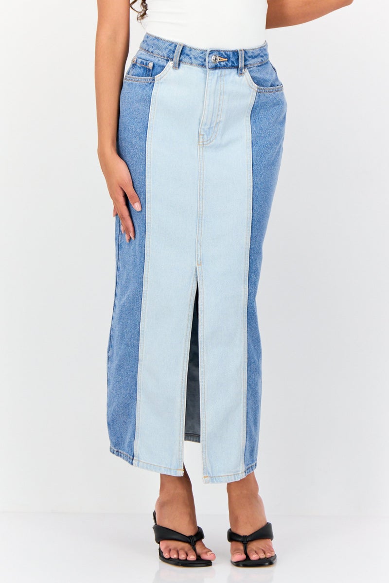 Don't Call Me Jennyfer Women Two Tone Washed Denim Maxi Skirt, Multicolor  - Image 1