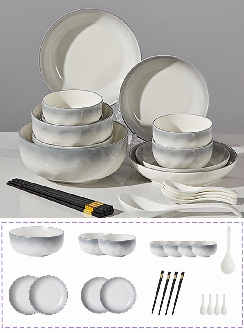 20 - Piece Nordic - Style Gradient Light - Gray Ceramic Dinnerware Set For 4, Includes 4 Bowls, 4 Plates, 4 Spoons, 4 Chopsticks, 2 Noodle Bowls, 1 Soup Bowl & 1 Ladle, Microwave/Dishwasher Safe, Ideal For Home Dining & Housewarming Gift - Image 1