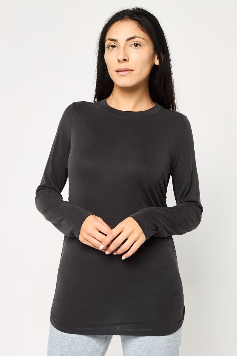 DKNY Women Sportswear Fit Long Sleeve Outdoor Ruched T-Shirt, Dark Grey - Image 1